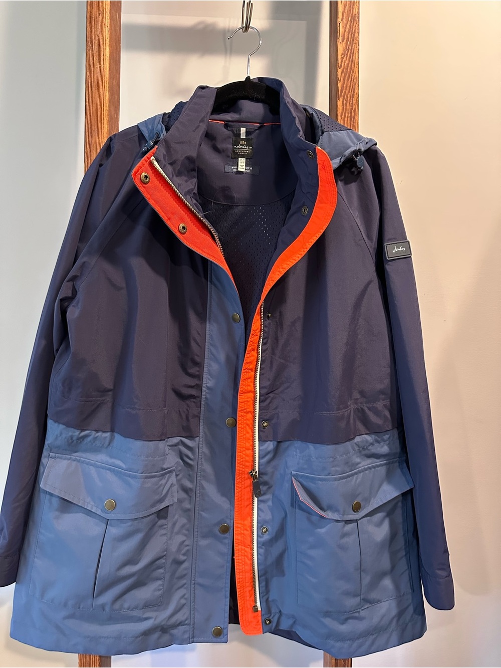 Joules Two-Tone Navy & Light Blue Hooded Raincoat with Orange Trim